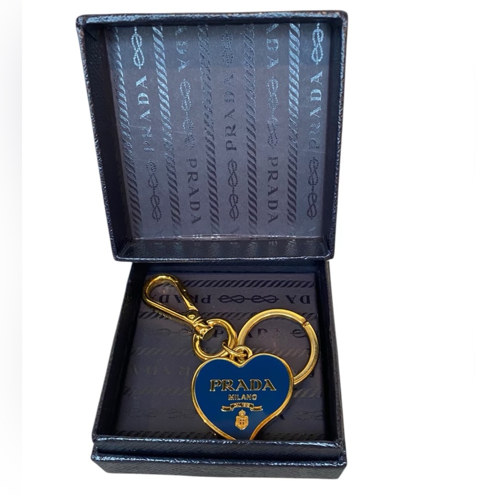 Authentic Blue Prada Heart Keychain with Box.